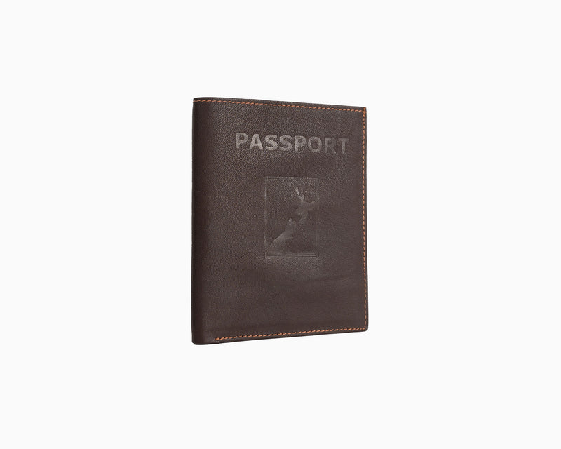 Avenue Leather Passport Wallet Brown with embossed New Zealand Map