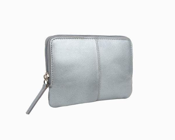 Avenue Xl Leather Zip Coin and Card Purse RFID Silver Metallic