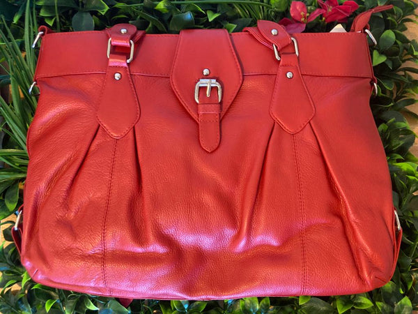 Platinum Buckle Leather Handbag Red