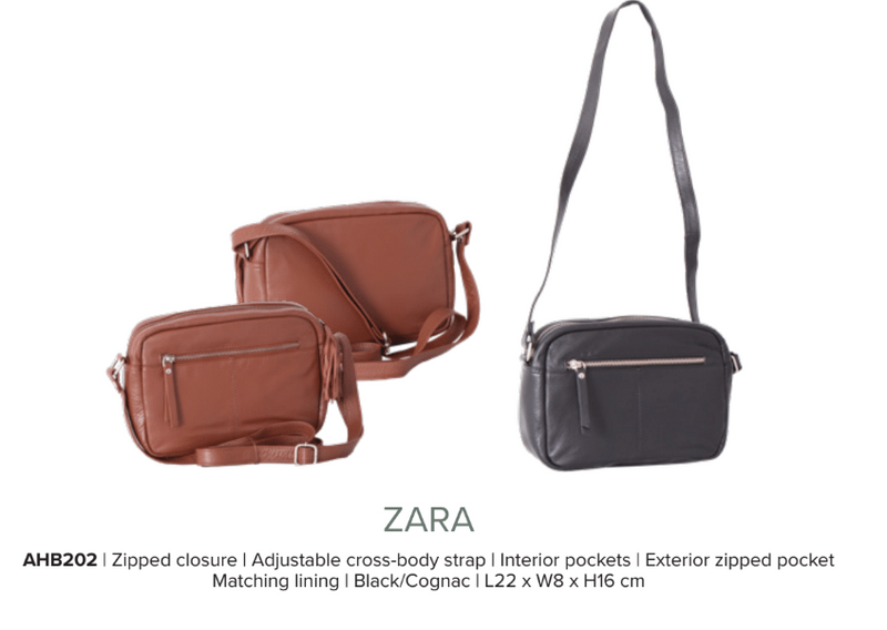 Avenue Zara ‘Zed’ Leather Medium Cross Body Bag Cognac